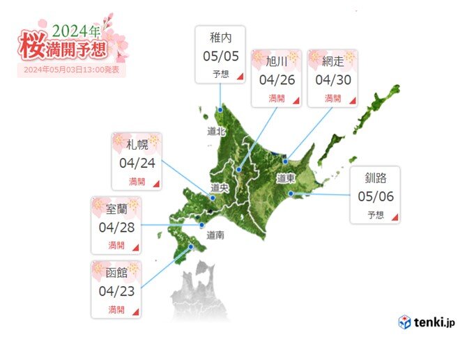 稚内や釧路は連休中に満開に