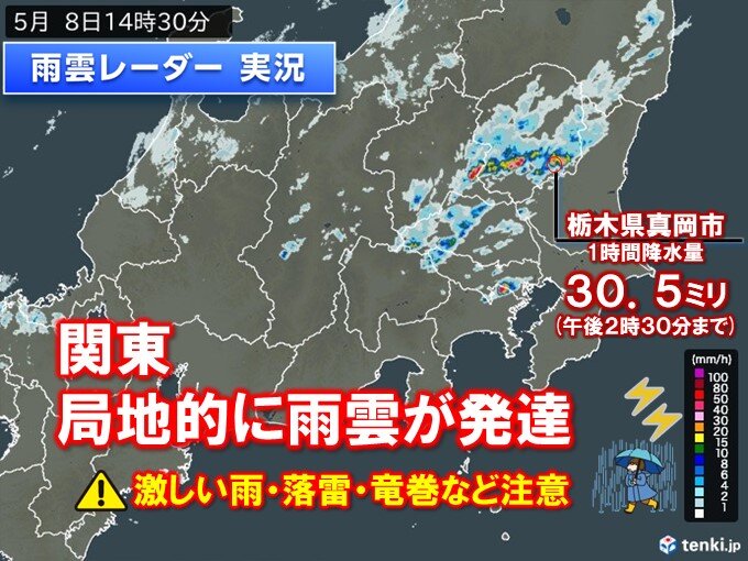 関東　局地的に雨雲が発達　栃木県で激しい雨を観測