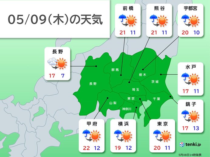 明日9日も寒気の影響が続く　朝は雨でヒンヤリ　上着必須