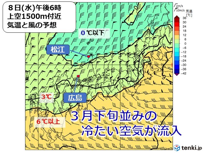 中国地方　上空に3月下旬並みの空気　季節逆戻りの寒さに