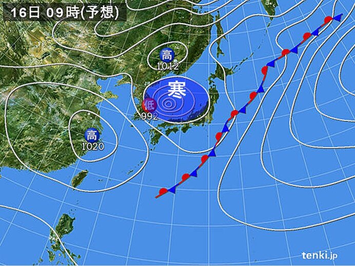 明日16日は寒冷渦の影響で大気の状態が非常に不安定