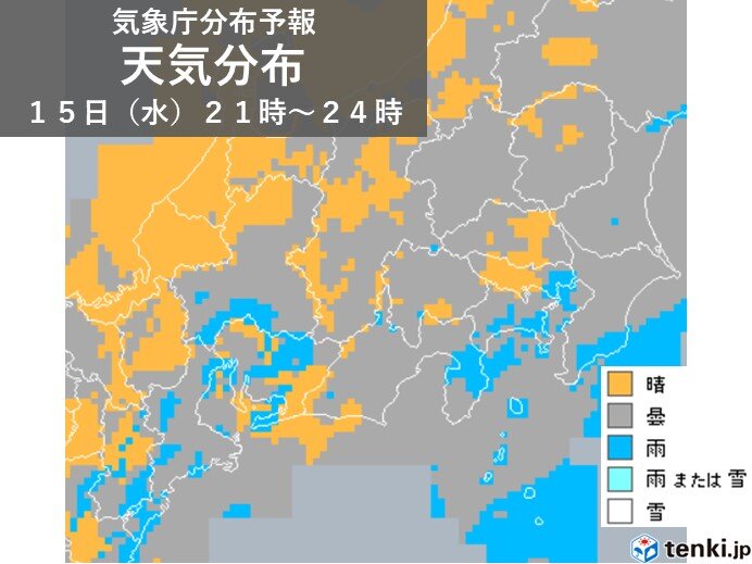 今日15日の夕方から所々でにわか雨