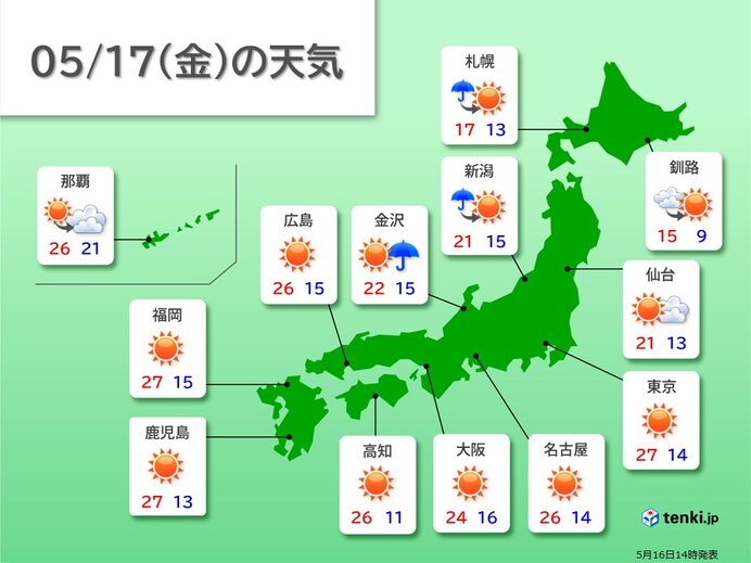 明日17日(金)　関東から九州、沖縄は晴れて気温上昇