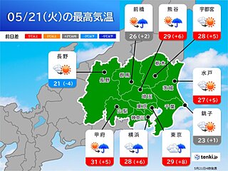 21日の関東　晴れて急な暑さに　東京都心は最高気温29℃予想　夜は所々で雨