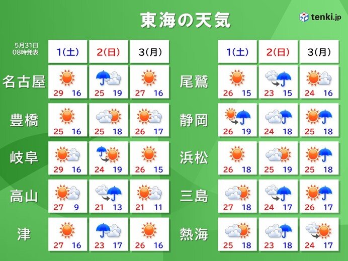 東海地方　土曜は晴れるが日曜は急な雨や雷雨に注意　来週は晴天が続く　梅雨入りは?