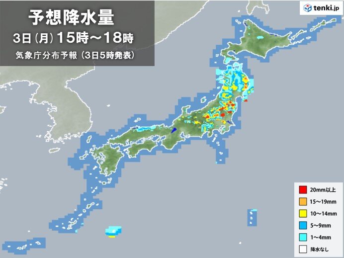 3日　関東甲信や東北は局地的な大雨に注意・警戒　晴れる所もにわか雨