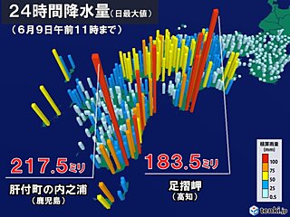 九州南部や四国　梅雨入り早々に警報級大雨　3時間で100ミリ超え　強雨エリア東へ