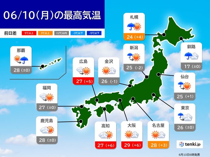 今日10日は西日本で気温上昇