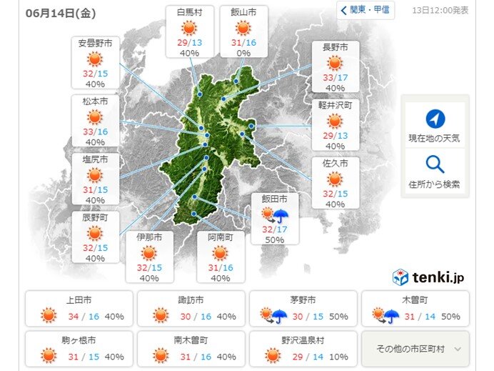 長野　14日はさらに気温上昇!今季一番の暑さに　梅雨入りはいつ?