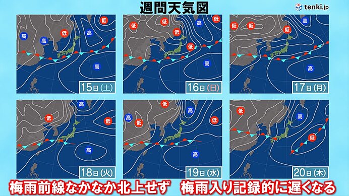 梅雨前線なかなか北上せず　梅雨入り記録的に遅くなる可能性