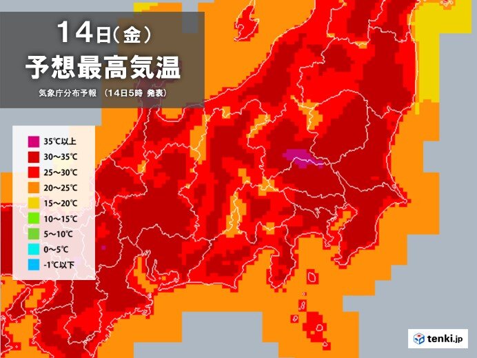 都心32℃予想　内陸部で猛暑日も