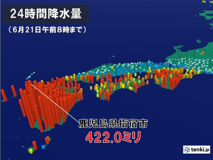 鹿児島県で記録的な大雨 24時間雨量400ミリ超え 土砂災害に厳重警戒(気象予報士 日直主任 2024年06月21日) - 日本気象協会  tenki.jp