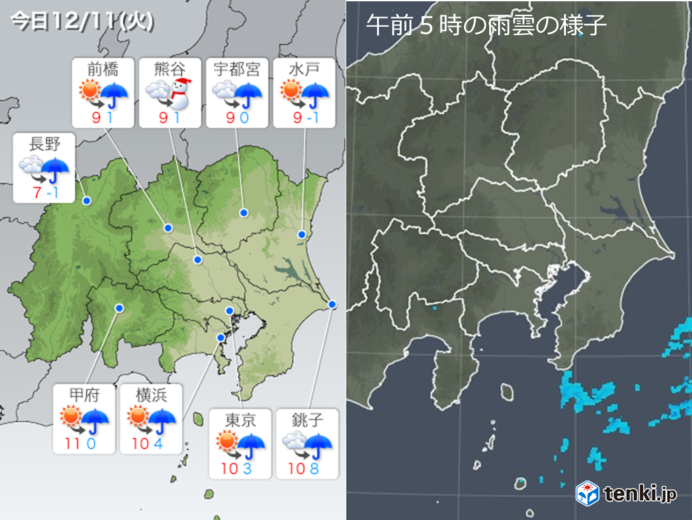 11日　関東　夜は広く雨　初雪になるか