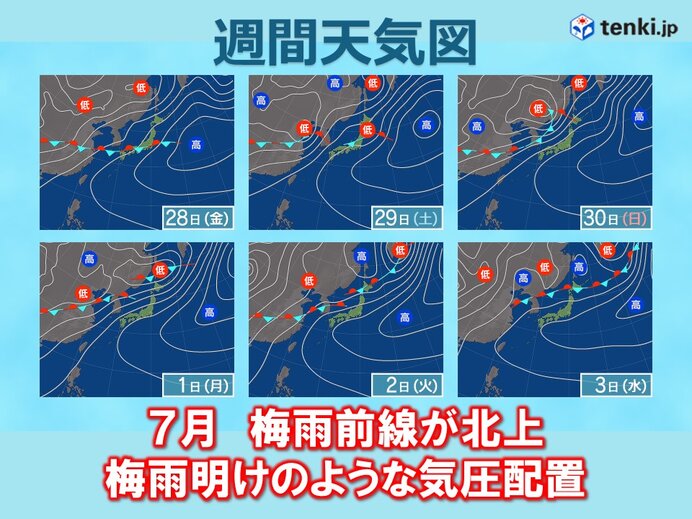 7月に入ると梅雨前線がさらに北上　梅雨明けのような気圧配置も