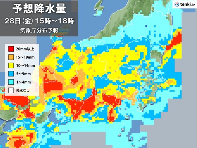 今日28日(金)　広く雨や雷雨　激しい雨も