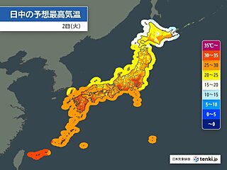 2日の最高気温　東北から沖縄は30℃以上の真夏日　宮崎など35℃の猛暑日予想も