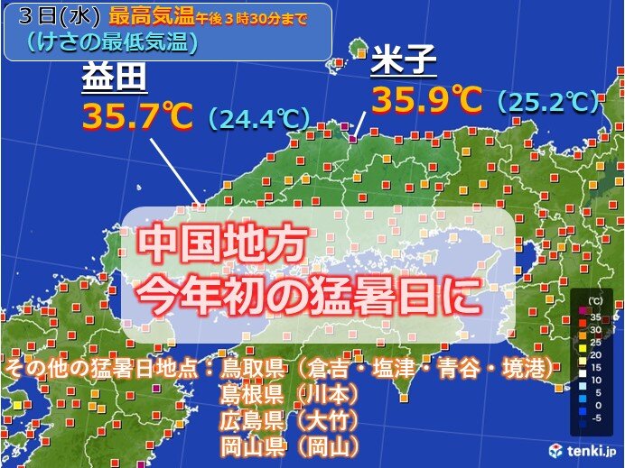 中国地方　今日3日は日本海側で35℃以上　週後半梅雨の晴れ間で猛暑　熱中症に警戒