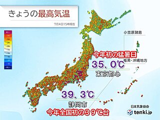 静岡で39℃台　危険な暑さ　明日5日は猛暑日地点がさらに増加　熱中症に警戒