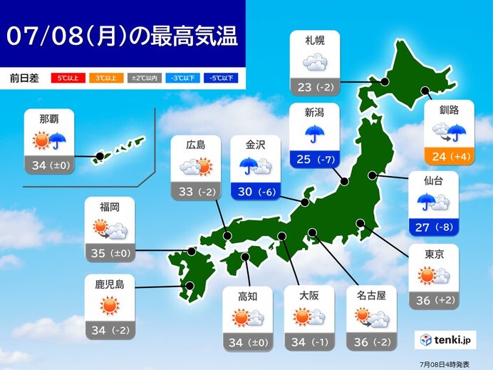 関東の内陸では40℃に迫る所も