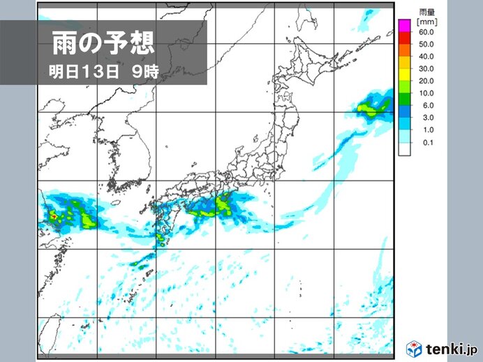 明日13日　西日本は午前中・東日本は夜を中心に激しい雨が降る恐れ