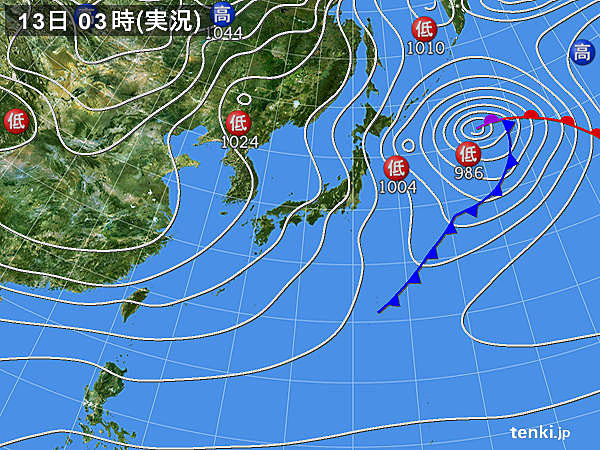 13日　夜は北陸付近で不安定　落雷も