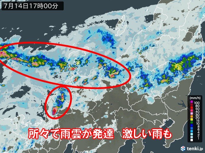 北陸に所々に発達した雨雲　1時間に30ミリ以上の激しい雨の所も