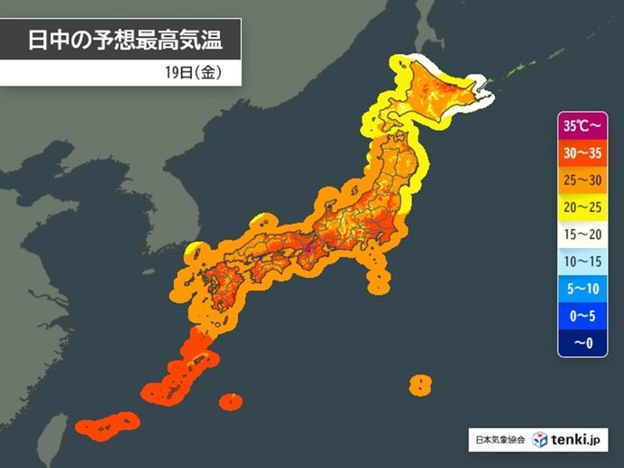 明日19日(金)　関東甲信～九州、沖縄　厳しい暑さ