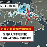 滋賀県で1時間に約90ミリ「記録的短時間大雨情報」