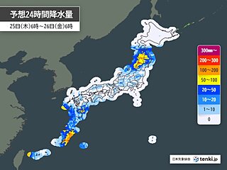 25日　関東～九州はゲリラ豪雨と厳暑　東北は大雨に警戒　沖縄は台風の影響が続く