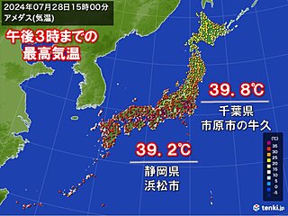 今日　千葉県市原市の牛久で39.8℃　横浜市で統計開始以来初の5日連続猛暑日