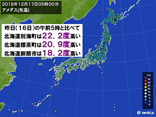 きのうの朝と比べて20度以上高い所も