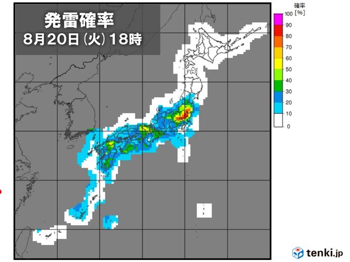 20日　台風9号は東シナ海を北上　広範囲で不安定　激しい雨・猛烈な暑さの所も