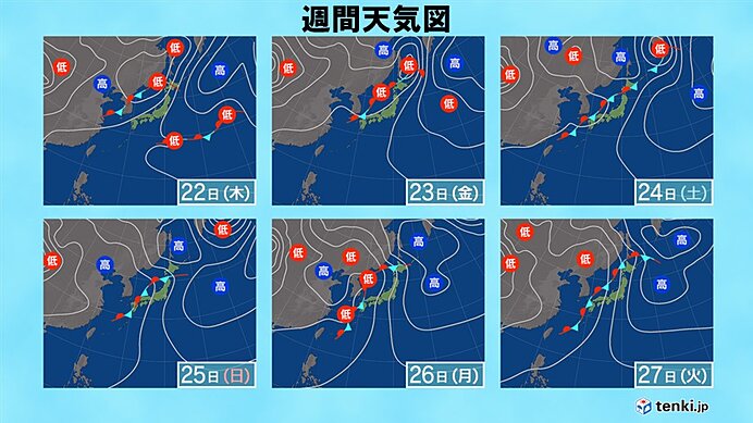 25日～27日頃　東・西日本の太平洋側を中心に雨量多くなる