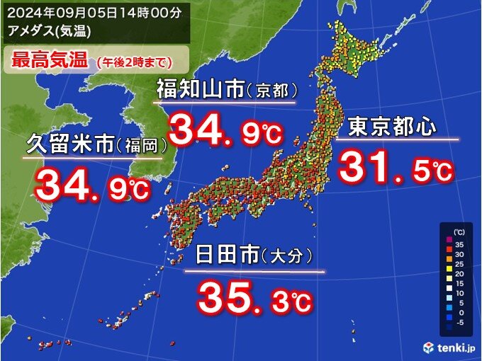 今日5日　大分県日田市で猛暑日に　西日本では35℃に迫る気温