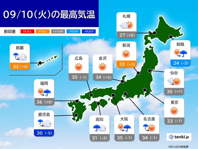 10日　所々で激しい雨　九州南部などで長時間の雨　猛暑が続く所も　熱中症に警戒を