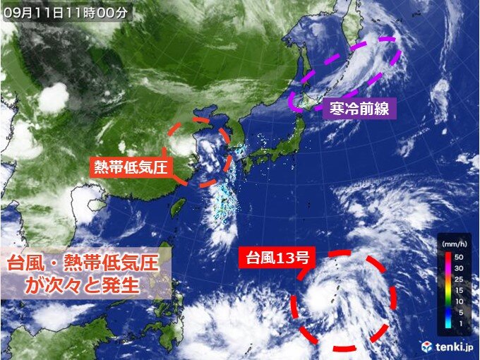 北海道に前線　沖縄の西に熱帯低気圧　台風13号は3連休に「強い」勢力で沖縄直撃か