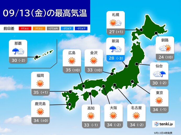 13日　関東～九州は厳しい残暑と天気急変注意　台風13号は発達しながら沖縄方面へ