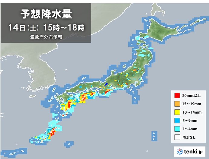 晴れのエリアも局地的に雷雨