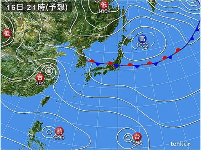 今日16日の天気図　秋雨前線が東日本に南下