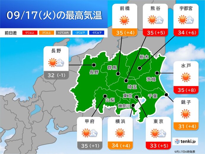 今日17日の関東　気温上昇　熱中症注意　内陸中心に急な雨や雷雨も