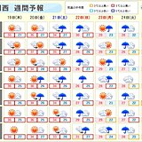 関西　猛暑から秋雨の季節へ　3連休は22日(日)を中心に広く本降りの雨　週間予報