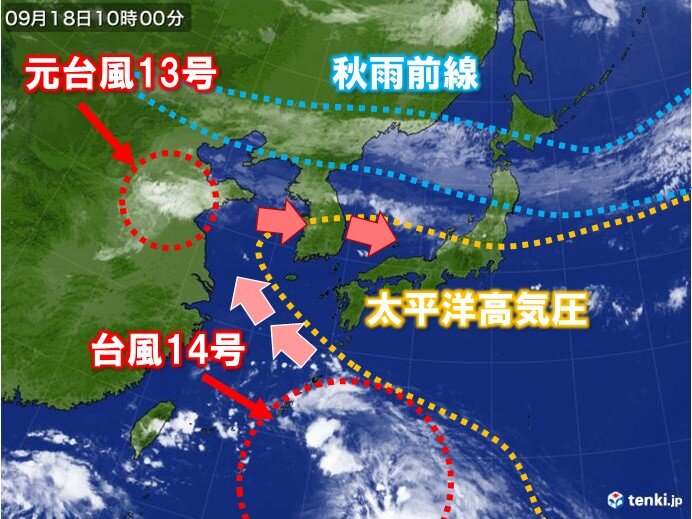 元台風13号や14号の間接的影響で大気の状態不安定続く　秋雨前線活発化のおそれも