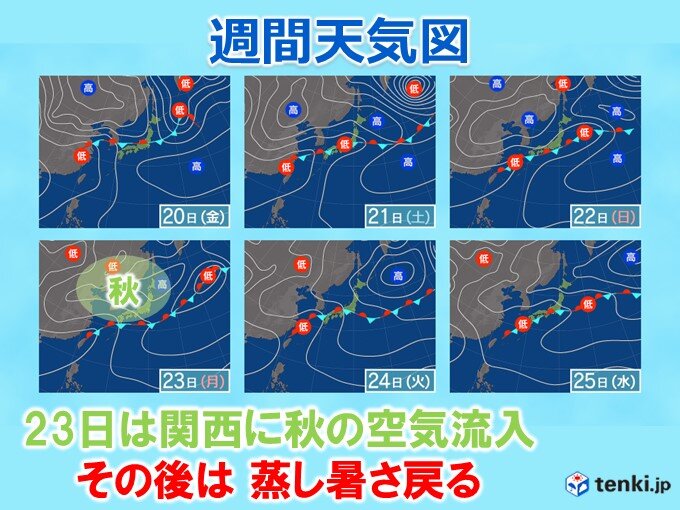 23日は一旦北から秋の空気流入　その後は蒸し暑さ戻る