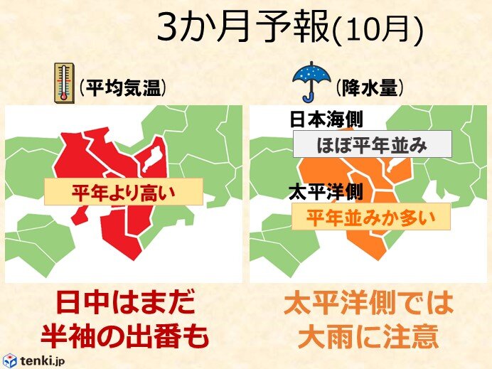 10月　日中は半袖の出番が多い　太平洋側では降水量が多くなる傾向