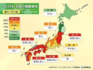 日本気象協会　2025年春の花粉飛散予測　第1報　猛暑の影響で例年の2倍以上も