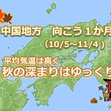 中国地方　気温は高く　秋の深まりはゆっくり　朝晩と昼間の寒暖差に注意　1か月予報