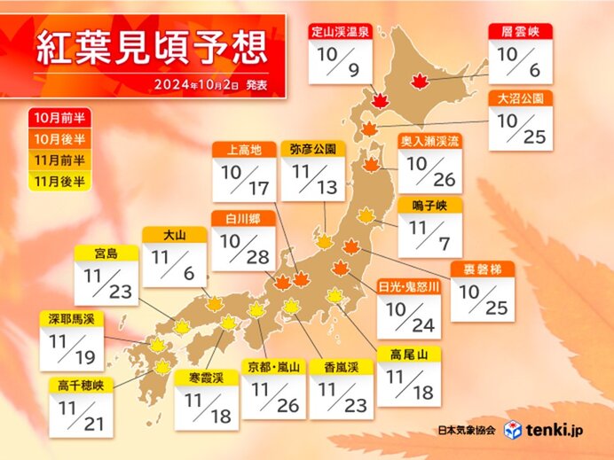 北陸地方の紅葉　色づきは平年より遅い