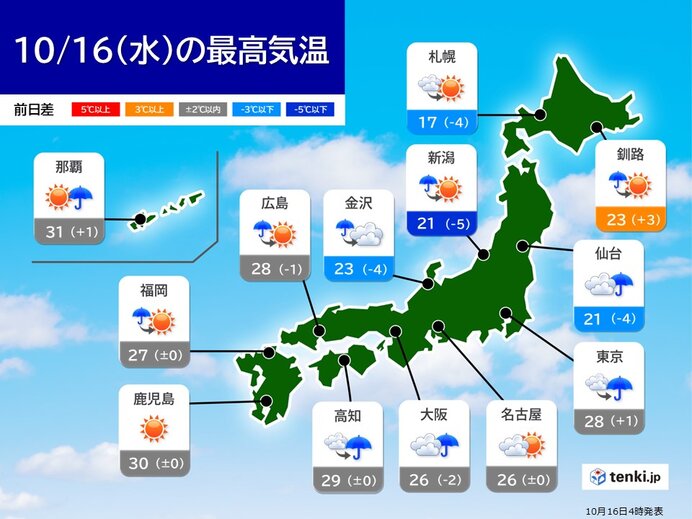 16日の天気　傘の出番の所が多い　前線通過で局地的に激しい雨　落雷や突風に注意