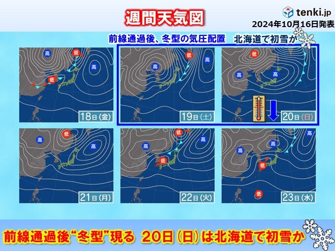 前線通過後、一時的に冬型へ　土曜は広く雨や雷雨　日曜は北海道の平地で初雪の可能性