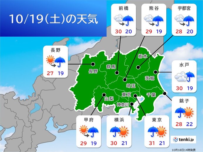 19日(土)　関東は真夏日続出　最遅記録を更新か